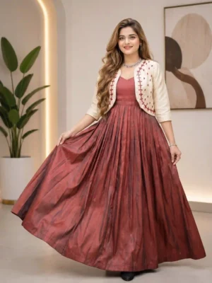 Home Sorbala Maroon Gown with Embroidered Ivory Jacket
