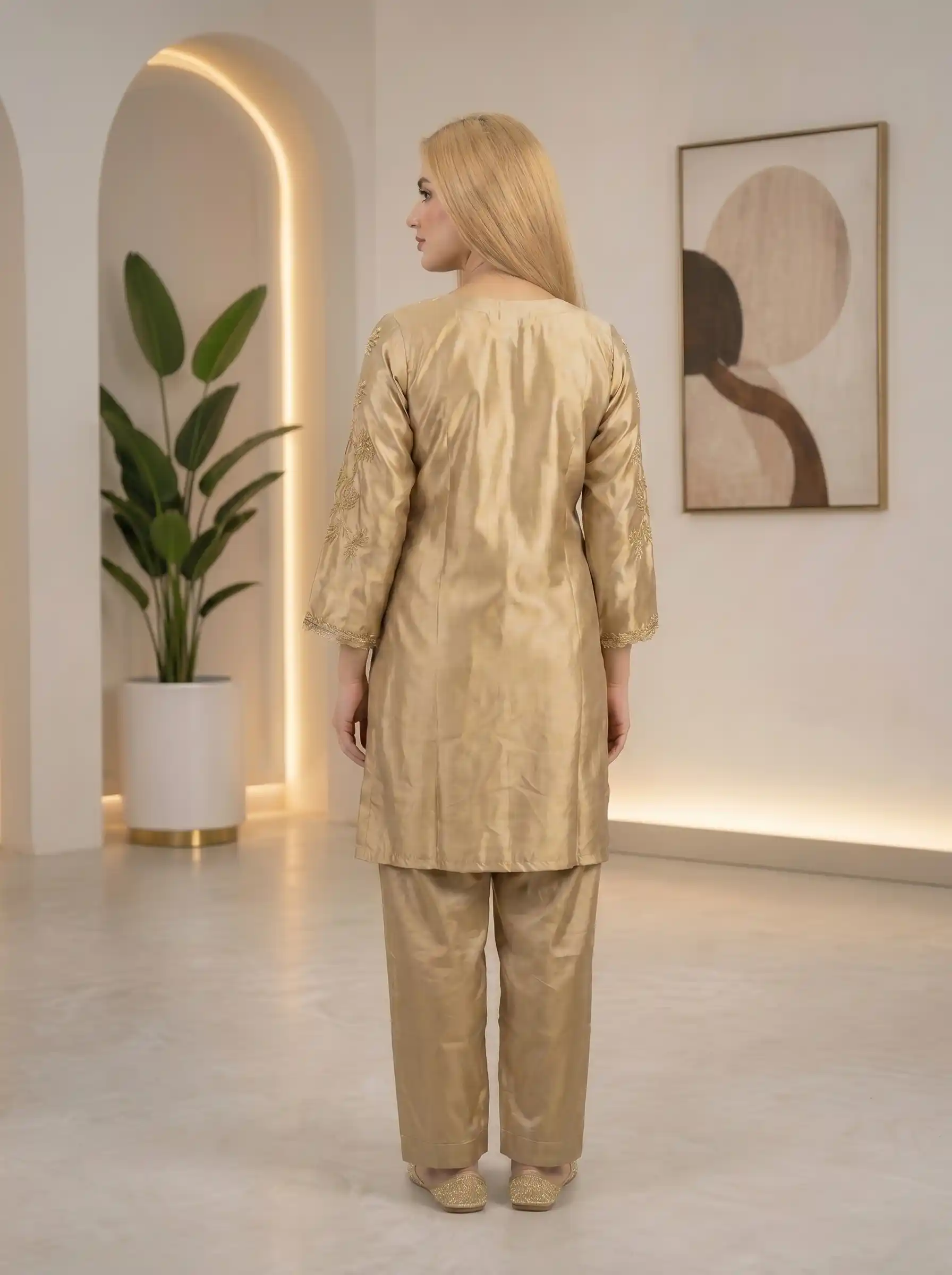 Sorbala Gold Hand-Embroidered Silk Dress - Image 2