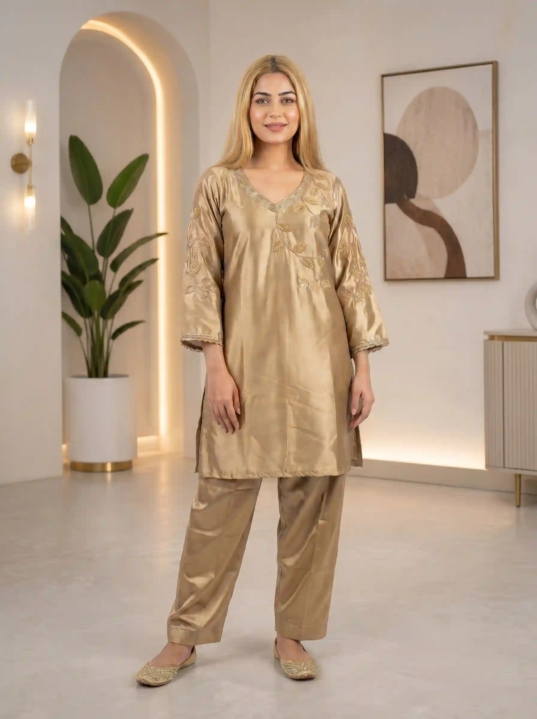 Sorbala Gold Hand-Embroidered Silk Dress