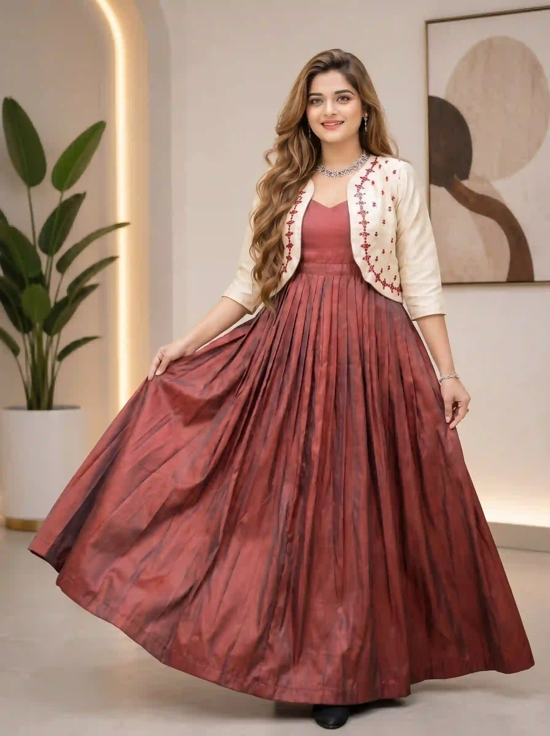 Sorbala Maroon Gown with Embroidered Ivory Jacket