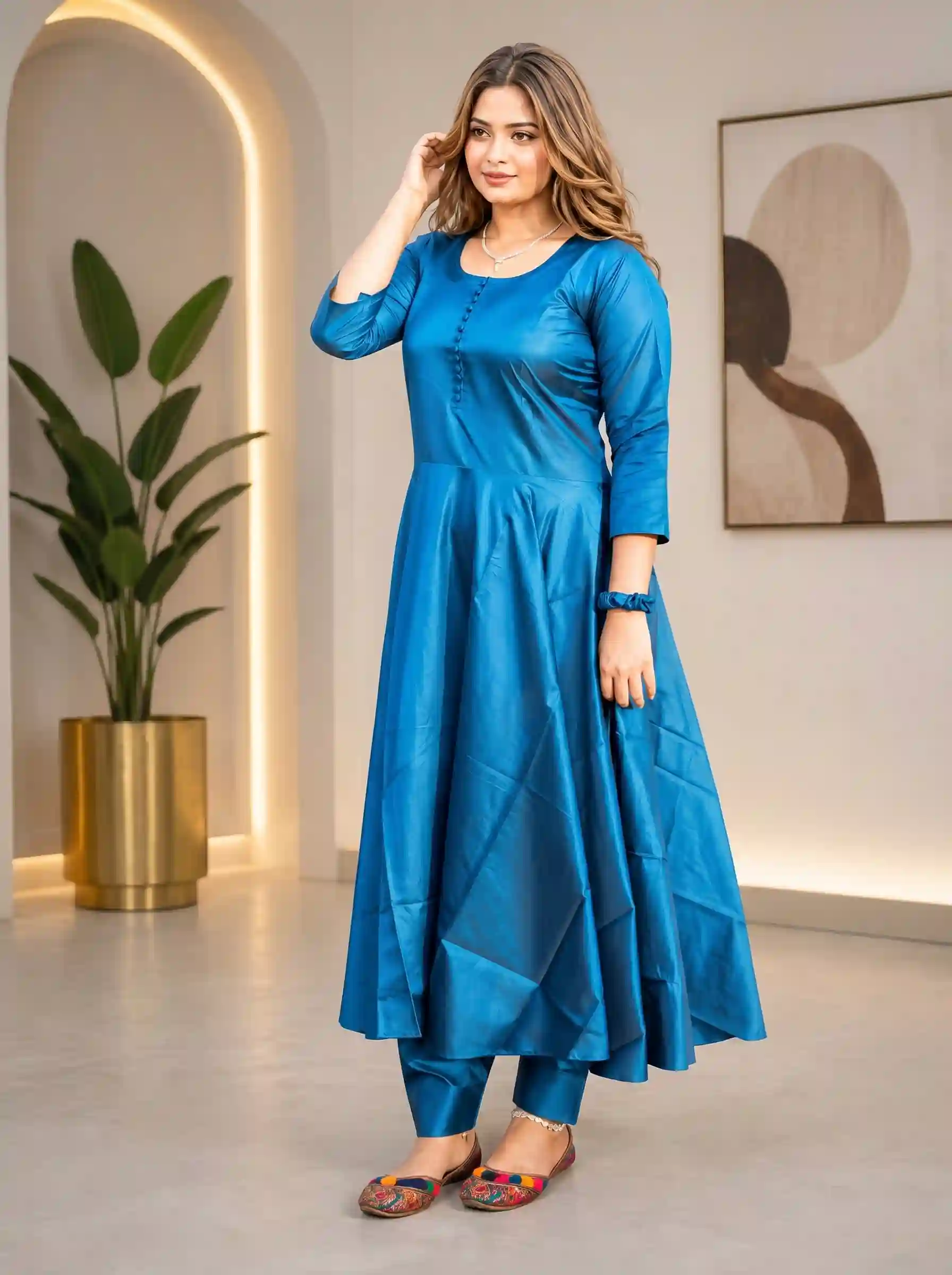 Sorbala Elegant Blue Flared Tunic with Pants Set